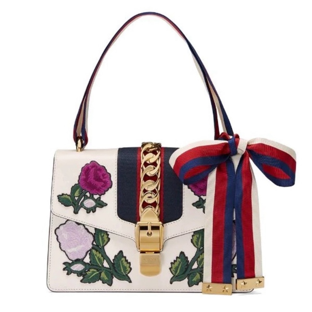 NWT Gucci Sylvie Floral Embroidery Leather Shoulder Bag  White Small